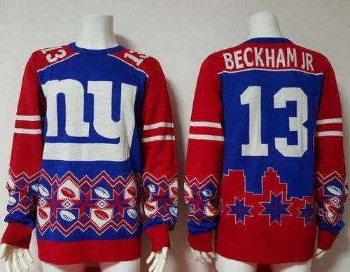 Nike Giants #13 Odell Beckham Jr Royal Blue/Red Men's Ugly Sweater - Click Image to Close